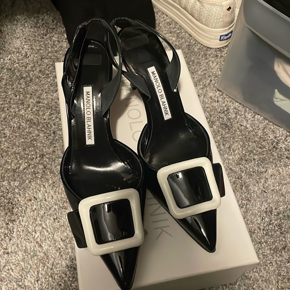 Manolo Blahnik Black Patent Slingback Heels with White Buckle